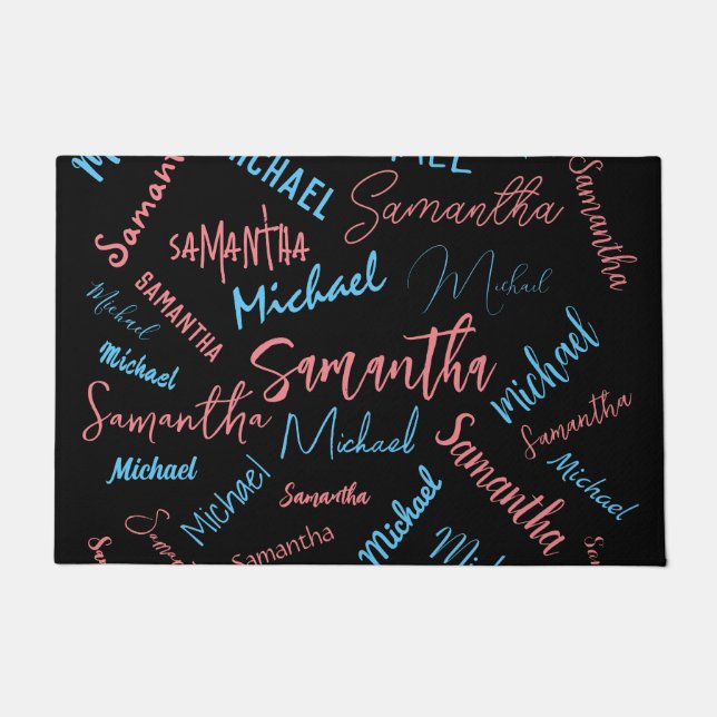 2つの名前のカップルのパターンmonogram青ライトピンク ドアマット (正面)