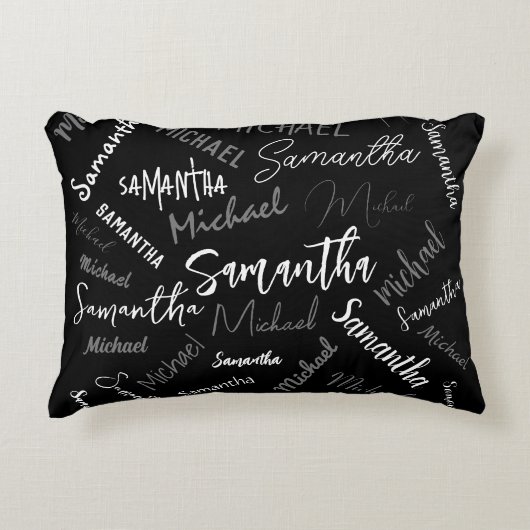 2つの名前カップルのパターンのモノグラム黒グレー白 アクセントクッション (正面)