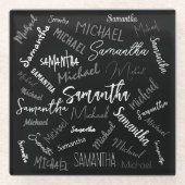 2つの名前カップルのパターンのモノグラム黒グレー白 ガラスコースター (正面)