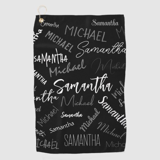 2つの名前カップルのパターンのモノグラム黒グレー白 ゴルフタオル (正面)