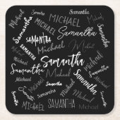 2つの名前カップルのパターンのモノグラム黒グレー白 スクエアペーパーコースター (正面)