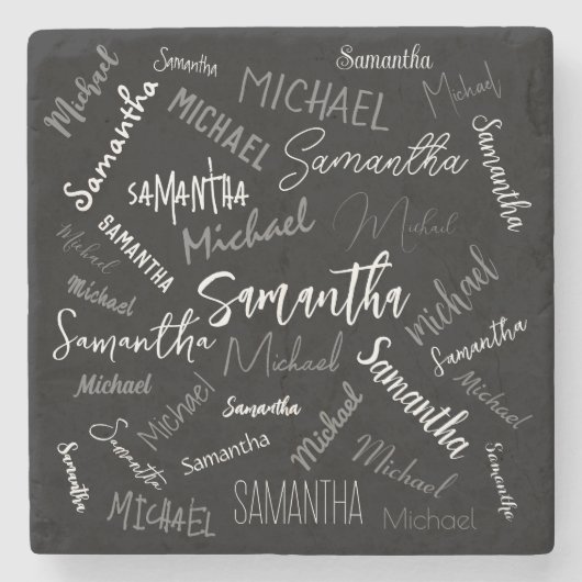2つの名前カップルのパターンのモノグラム黒グレー白 ストーンコースター (正面)
