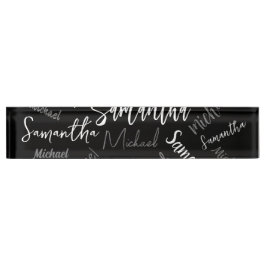 2つの名前カップルのパターンのモノグラム黒グレー白 デスクネームプレート