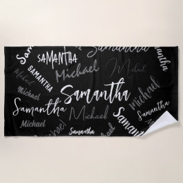 2つの名前カップルのパターンのモノグラム黒グレー白 ビーチタオル