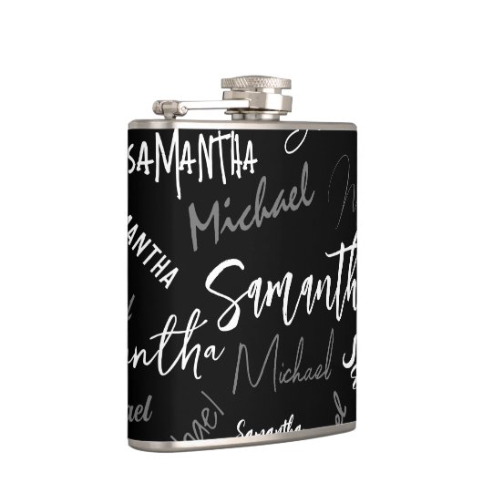 2つの名前カップルのパターンのモノグラム黒グレー白 フラスク (右)