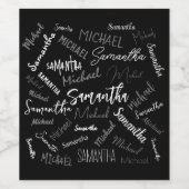 2つの名前カップルのパターンのモノグラム黒グレー白 ワインラベル (シングルラベル)