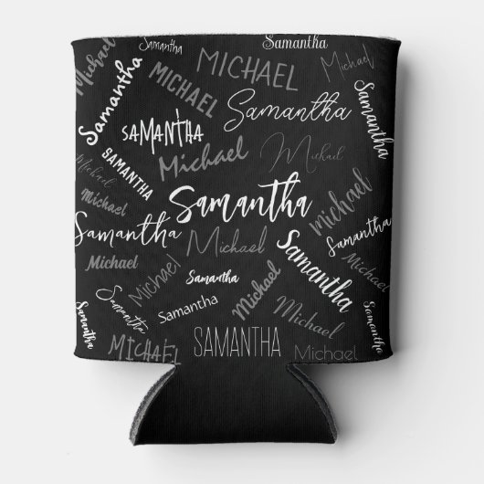 2つの名前カップルのパターンのモノグラム黒グレー白 缶クーラー (正面)