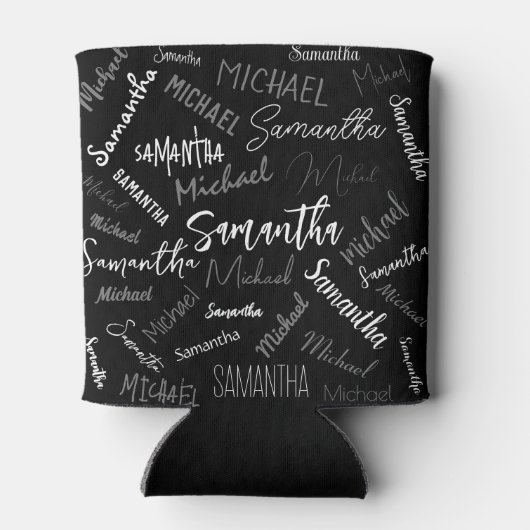 2つの名前カップルのパターンのモノグラム黒グレー白 缶クーラー (裏面)