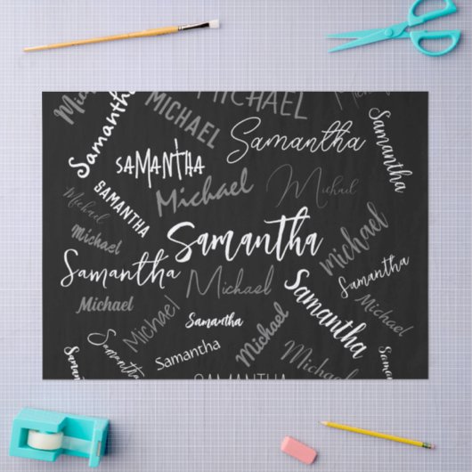 2つの名前カップルのパターンのモノグラム黒グレー白 薄葉紙 (クラフト)