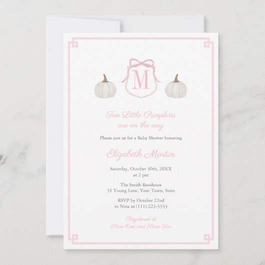 2つの名門私立校風の小さなカボチャの途中の赤ちゃん女の子シャワー 招待状 (正面)