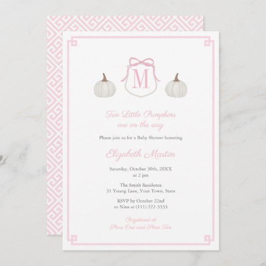 2つの名門私立校風の小さなカボチャの途中の赤ちゃん女の子シャワー 招待状 (正面/裏面)