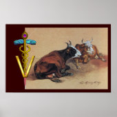 2つの嘘をついている牛の金ゴールドCADUCEUS獣医学のシンボル ポスター (正面)