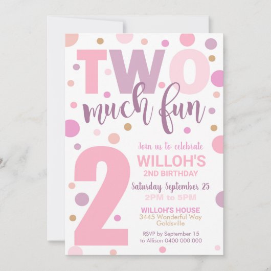 2つの多くのおもしろい誕生日招待状2nd誕生日ガール 招待状 (正面)