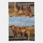 2つの大きな茶色の高地の牛、皿タオル キッチンタオル (縦)
