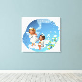 2つの天使が雲の上に座って キャンバスプリント (インサイチュ (ウッドフロア))