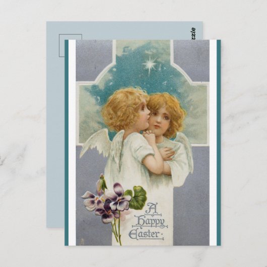 2つの天使とクロス・イースターの挨拶 ポストカード (正面/裏面)