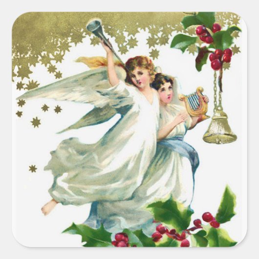 2つの天使と鐘のクリスマス ラウンドシール (正面)