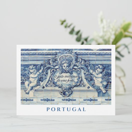 2つの天使を持つ青いポルトガルの宗教的なタイル カード (スタンド正面)