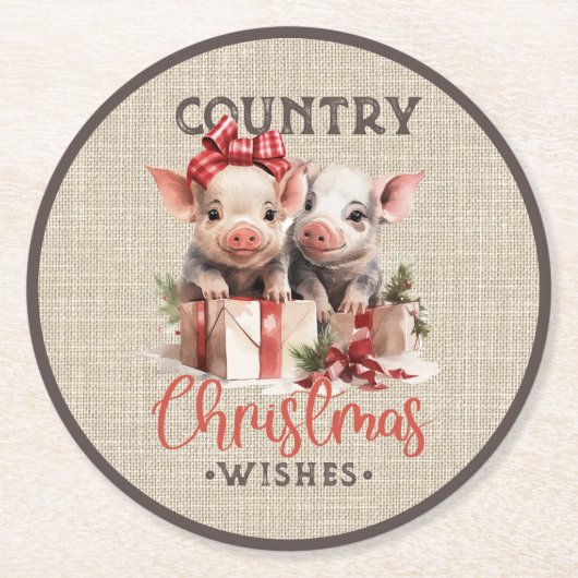 2つの子豚を持つ国のクリスマスの願い ラウンドペーパーコースター (正面)