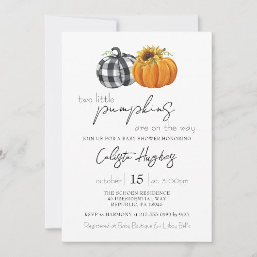 2つの小さなかぼちゃひまわり双子ベビーシャワー 招待状 (正面)
