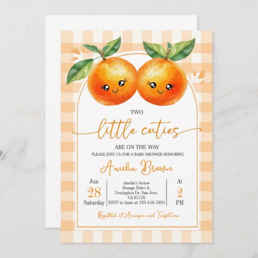 2つの小さなかわいこちゃんが途中にある招待状オレンジ 招待状 (正面/裏面)