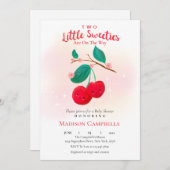 2つの小さなかわいこちゃんが途中のさくらんぼ 招待状 (正面/裏面)