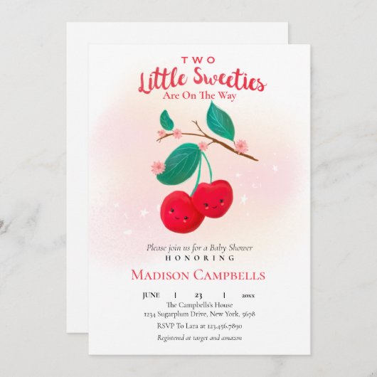 2つの小さなかわいこちゃんが途中のさくらんぼ 招待状 (正面/裏面)