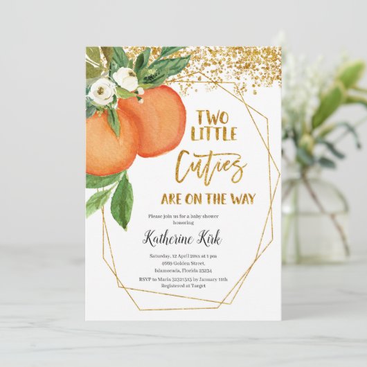 2つの小さなかわいこちゃんが途中の赤ちゃんシャワーの招待 招待状 (スタンド正面)