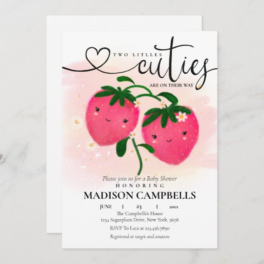 2つの小さなかわいこちゃんが道のイチゴ 招待状 (正面/裏面)