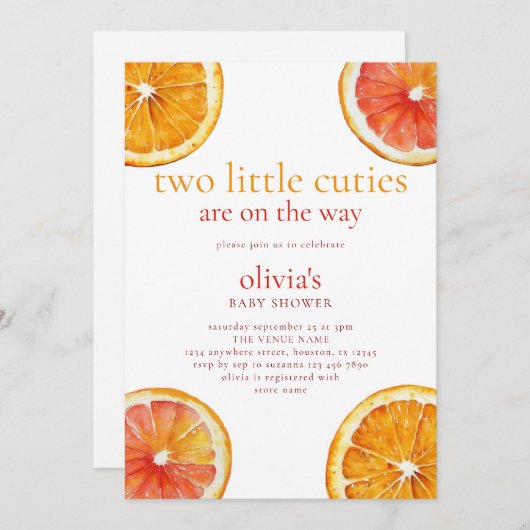 2つの小さなかわいこちゃんオレンジのスライス双子ベビーシャワー 招待状 (正面/裏面)