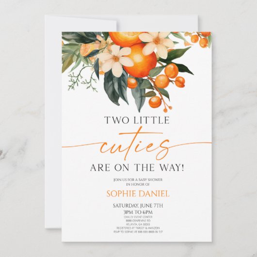 2つの小さなかわいこちゃんオレンジのフローラツインベビーシャワー 招待状 (正面)