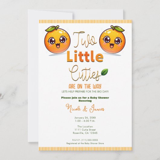 2つの小さなかわいこちゃんオレンジツインズベビーシャワー 招待状 (正面)