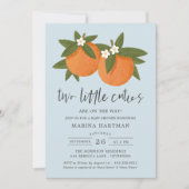 2つの小さなかわいこちゃんオレンジツインベビーシャワーブルー 招待状 (正面)