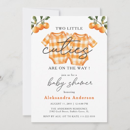 2つの小さなかわいこちゃんツインオレンジ色のボディスーツ赤ちゃんシャワー 招待状 (正面)