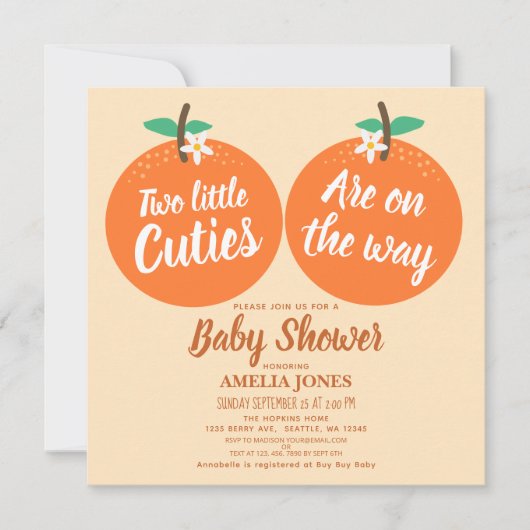 2つの小さなかわいこちゃんツインズベビーシャワーオレンジ 招待状 (正面)