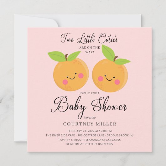 2つの小さなかわいこちゃんツインズベビーシャワー招待状 招待状 (正面)