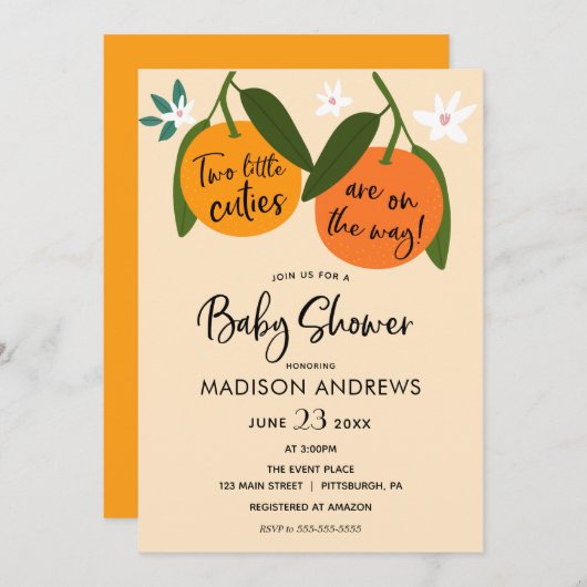 2つの小さなかわいこちゃんツインベビーシャワー 招待状 (正面/裏面)