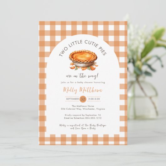 2つの小さなかわいこちゃんパイ秋パンプキンベイビーシャワー 招待状 (スタンド正面)