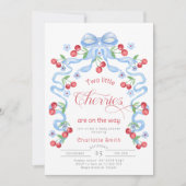 2つの小さなさくらんぼツインズブルーボウ赤ちゃんシャワー 招待状 (正面)