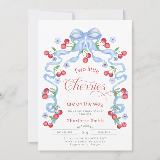 2つの小さなさくらんぼツインズブルーボウ赤ちゃんシャワー 招待状 (正面)