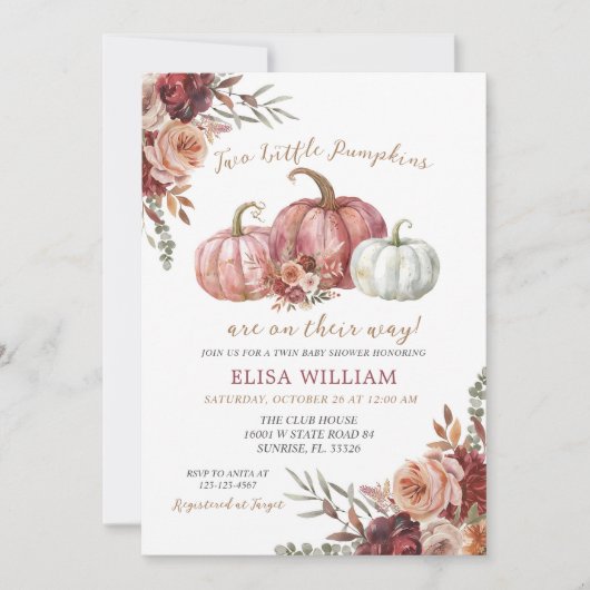 2つの小さなカボチャが彼らの道にある – 双子のベビー 招待状 (正面)