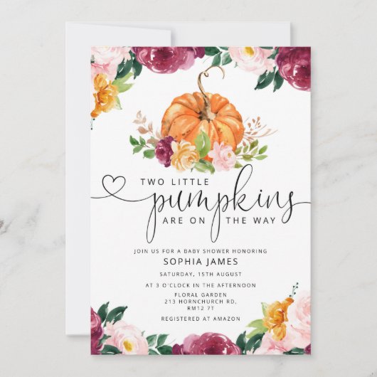 2つの小さなカボチャが赤ちゃんシャワーの途中にある 招待状 (正面)