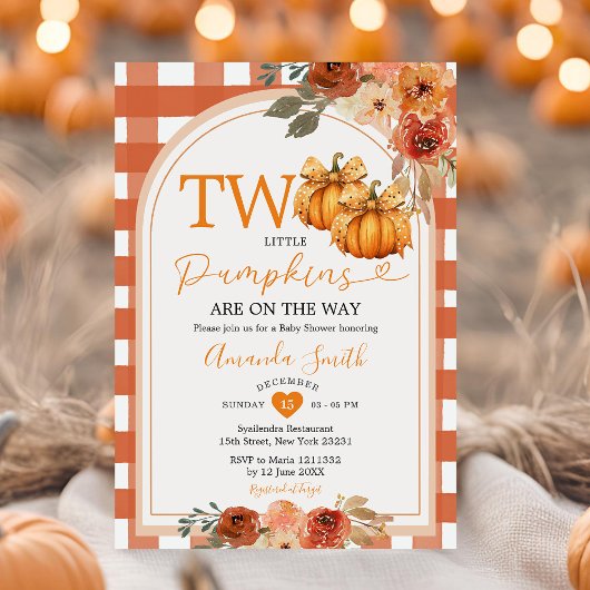 2つの小さなカボチャのオレンジのギンガムベビーシャワー 招待状