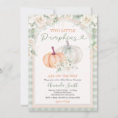 2つの小さなカボチャのセージ緑とオレンジの赤ちゃんシャワー 招待状 (正面)