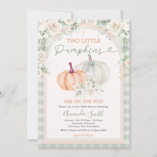 2つの小さなカボチャのセージ緑とオレンジの赤ちゃんシャワー 招待状 (正面)