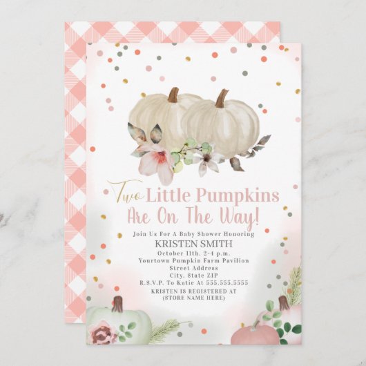 2つの小さなカボチャのピンクのフローラ女の子ベビーシャワー 招待状 (正面/裏面)