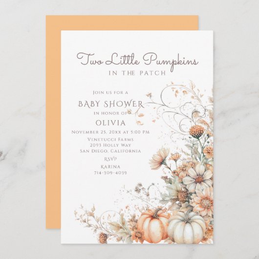 2つの小さなカボチャの赤ちゃんシャワー 招待状 (正面/裏面)