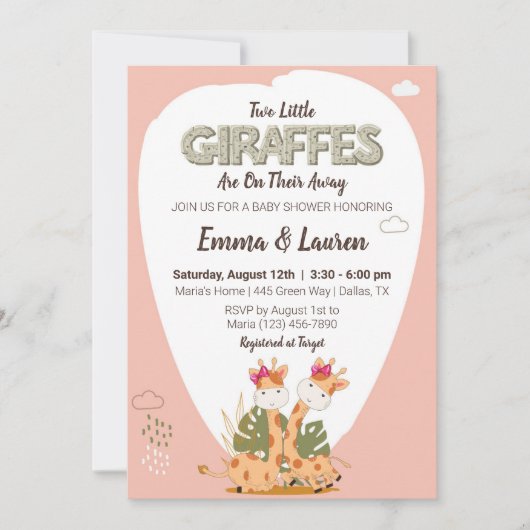 2つの小さなキリン水の色キリン赤ちゃんシャワー 招待状 (正面)