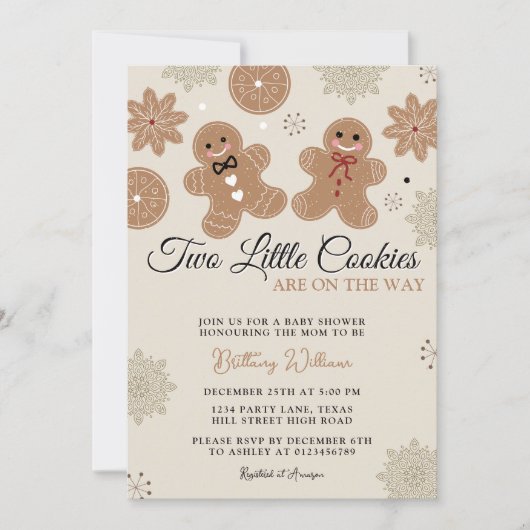 2つの小さなクッキーのクリスマスツイン赤ちゃんシャワー 招待状 (正面)