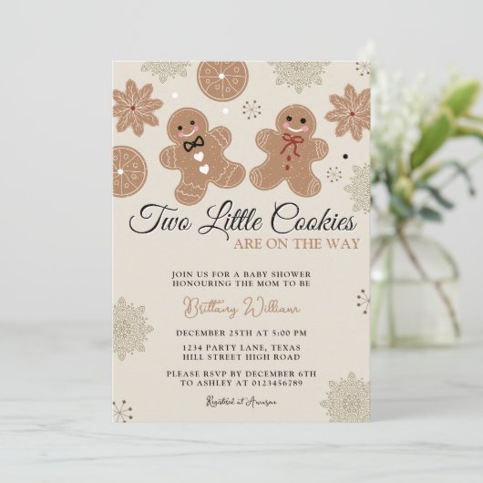 2つの小さなクッキーのクリスマスツイン赤ちゃんシャワー 招待状 (スタンド正面)